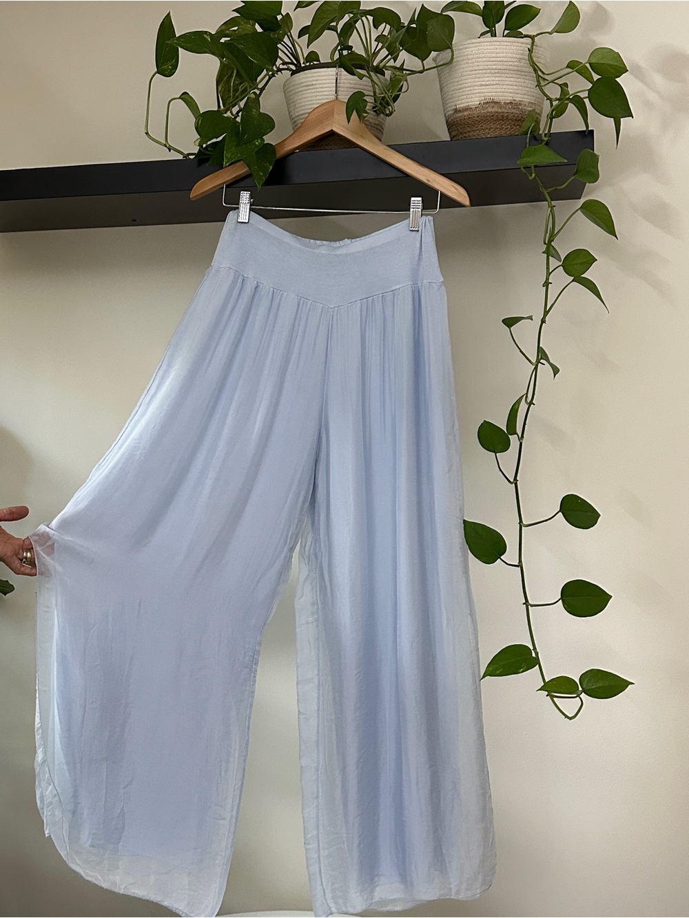 100% Silk Wide Leg Palazzo Pants | Baby Blue | One Size
